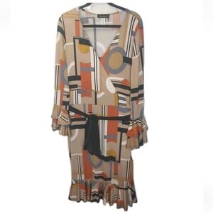 Y2k Sexy Diva Artsy Tiered Faux Wrap Dress Sz XL 1X Belted Midi Bell Sleeves USA